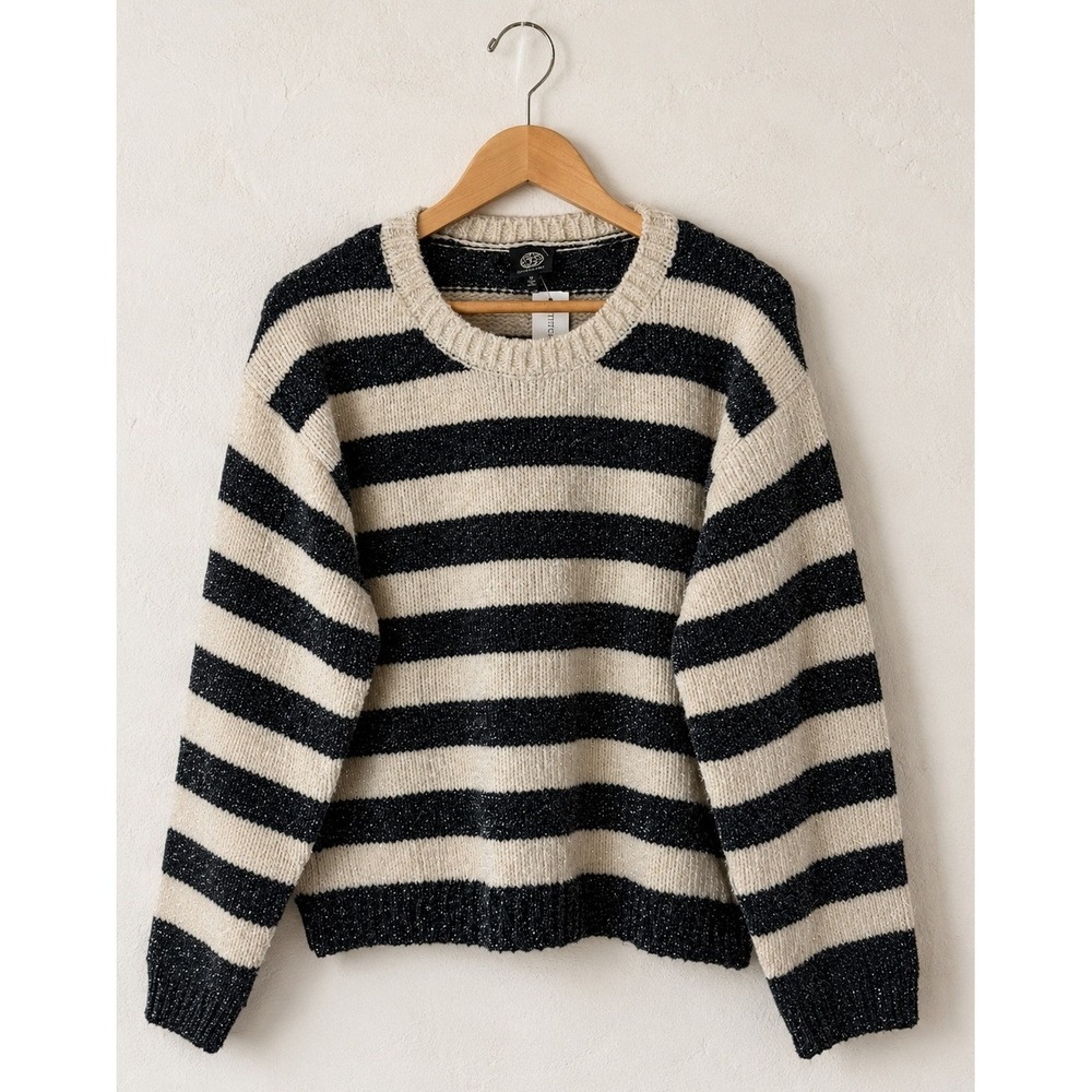 Bobeau Chenille Shine Stripe‎ Sweater Women Medium Ivory Black NWT Metallic Knit
